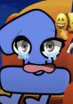 Blue cartoon character with teary eyes, expressing sadness while sitting on a couch, surrounded by emoji reactions.
