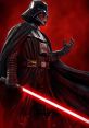 Darth Vader stands menacingly with a red lightsaber, embodying the dark side of the Force against a fiery backdrop.