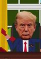 Cartoon of Trump in South Park style, sitting at a desk with a serious expression, reminiscent of political satire.