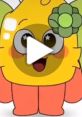 Happy yellow character with green flower, featured in "Avend," smiling and ready for fun and adventure in a colorful setting.