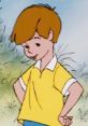 Christopher Robin in a yellow shirt, enjoying nature and daydreaming among the Hundred Acre Wood. Classic cartoon character.