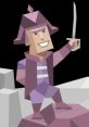 Stylized character of Commander Martin, bravely holding a sword while standing on a rocky surface in a colorful outfit.