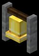 Golden bell in Minecraft, showcased with stone supports and a wooden beam for in-game notifications and ambiance.
