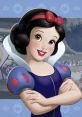 Snow White with a red bow and blue dress, smiling and confident, surrounded by enchanting woodland creatures.