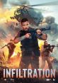 Action-packed scene from Infiltration (2022), featuring soldiers with weapons amid explosions and a helicopter backdrop.