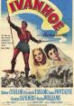 Promotional poster for the 1952 film "Ivanhoe," featuring Robert Taylor, Elizabeth Taylor, and dramatic medieval imagery.