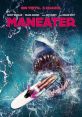 Intense scene from Maneater (2022): surfer facing a massive shark while riding a wave, highlighting the danger at sea.