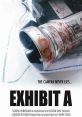Close-up of a blood-stained camera in police evidence, referencing the chilling themes of "Exhibit A" (2007) film.
