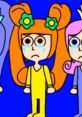 Girl with orange hair and yellow outfit, cartoon style, standing with concern, surrounded by colorful characters on blue background.