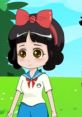 Cute animated character with large eyes and a red bow, wearing a sailor uniform, set in a vibrant outdoor scene.
