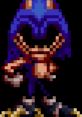 Pixel art character resembling Sonic, featuring blue hair, red and beige clothing, in a dynamic pose against a black background.