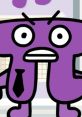 Purple character Pi from BFDI looks serious, wearing a tie and displaying a playful expression in a colorful setting.