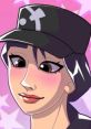 Stylized character with a cap, set against a vibrant pink background featuring stars, reflecting creativity and fun.