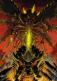 Battra, the dark counterpart of Mothra, towering menacingly with fiery red eyes and a glowing yellow horn in a chaotic scene.