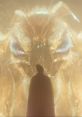 Mothra 2024 scene featuring a figure silhouetted against a dazzling close-up of the iconic creature's face.