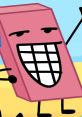 Eraser from BFB, featuring a cheerful expression and bright pink color, stands against a colorful background.