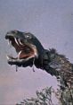Reptilicus, the giant dragon-like creature, roars dramatically against a cloudy sky, showcasing its scaly texture and fierce expression.