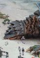 Giant Kamoebas creature on beach with military figures examining its detailed, textured features and surroundings.