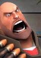 Heavy from TF2 showing an intense expression, baring his teeth and shouting, ready for battle with his minigun.