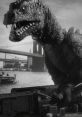 Rhedosaurus towers over a city skyline, showcasing its menacing features amidst a dramatic urban backdrop.