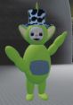 Dipsy from Teletubbies, dressed in a whimsical cow-print hat, striking a cheerful pose. Fun character for kids' entertainment.