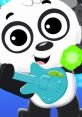 Panda Linkuad playing a blue guitar, radiating joy and creativity in a vibrant, colorful setting. Perfect for kids' music fun!