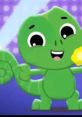 Cheerful green Chameleon Linkuad character smiling and holding a tiny object with a vibrant purple background.