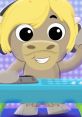 Cheerful cartoon yak with blonde hair, DJing on a blue keyboard, promoting fun and creativity in music. Perfect for Yak Linkuad!