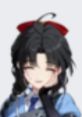 Chiyo Strinova with black hair and a red accessory, smiling softly in a blue outfit, embodies charm and elegance.