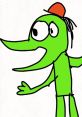 Green cartoon character with a long nose and a red hat, showcasing a playful expression and welcoming gesture.