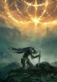 A tarnished knight kneels in despair before a glowing Elden Ring amidst a ruined landscape shrouded in mist.
