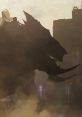 Silhouette of a massive Mega Kaiju towering over a city, shrouded in dust and dramatic lighting.