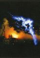 Ghost Godzilla emerges amidst fiery destruction, glowing with an ethereal blue light, capturing a powerful fusion of chaos.