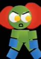 Green cartoon character with red hair and blue limbs, expressing surprise or shock, inspired by April Fools by Bae Nelson's Droplets.