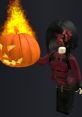 Roblox character Ela Dr3Ven holding a fiery pumpkin, showcasing a spooky Halloween theme with stylish attire.