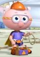 Alpha Pig from Super Why wears a cape and holds a toolkit, ready for a reading adventure in a colorful setting.
