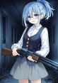 Hibari from Humanpath, wearing a school outfit, confidently holding a shotgun in a dimly lit hallway.