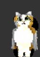 Pixel art of a cute cat with distinctive green eyes and a blend of orange and gray fur on a dark background.