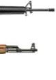 Two distinct types of rifles displayed side by side, showcasing different designs and finishes.
