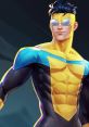 Invincible Mark Grayson stands confidently, showcasing his iconic yellow and blue superhero costume with a powerful physique.