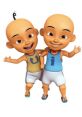 Upin and Ipin, popular animated characters, smiling and playing together in colorful shorts and tank tops. Fun and friendship!