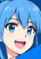 Cheerful portrait of Akane Jugotin, showcasing vibrant blue hair and expressive blue eyes, radiating positivity and energy.