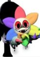 Colorful twisted flower character with sharp teeth, inspired by "Twisted Dandy Lullaby," radiating a playful yet eerie vibe.