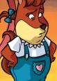 Foxyloxy character in blue overalls with a heart pocket, looking concerned against a vibrant sunset background.