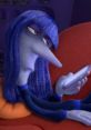 Inside Out character Ennui, with blue hair and a pensive expression, gazes at a phone while lounging on a red couch.