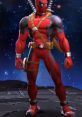Deadpool in a dynamic pose, showcasing his iconic red and black suit with weapons, against a cosmic background.