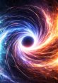 A swirling cosmic vortex of blue and orange energy with a central black hole, depicting the beauty of the universe.