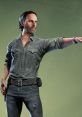 Rick Grimes from DBD, confidently pointing, dressed in a rugged shirt and jeans, ready for action in a survival scenario.