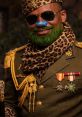Colorful portrait of a man in military attire with leopard print, sunglasses, and unique facial hair. Showcasing bold fashion.
