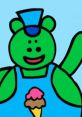 Happy green character Hector from ToddWorld waves, wearing a blue hat and apron with an ice cream cone design.